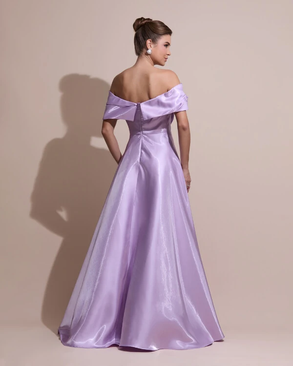 Vestido de Festa Longo Cetim Cristal Ombro a Ombro Drapeado Lilás