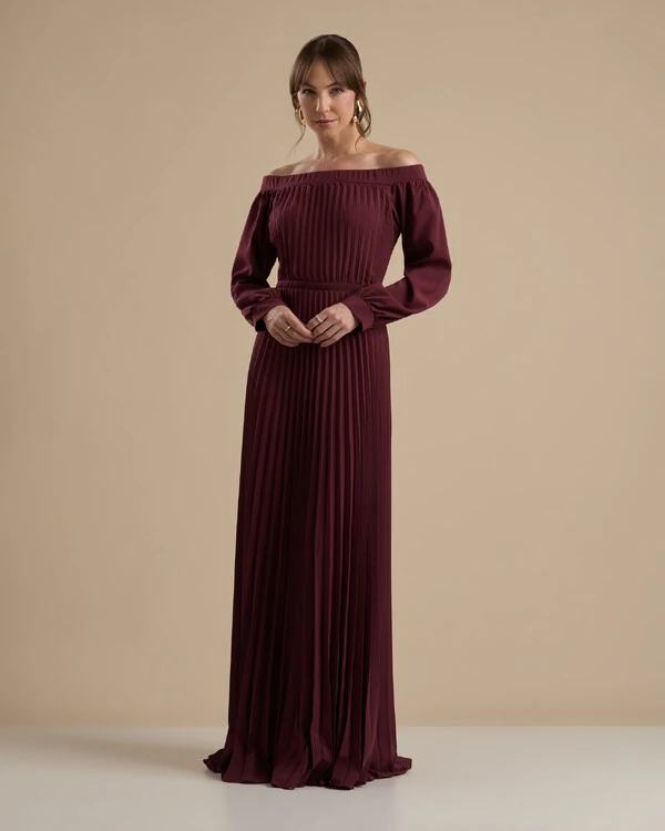 Vestido de Festa Longo Crepe Chiffon Plissado Ombro a Ombro Marsala