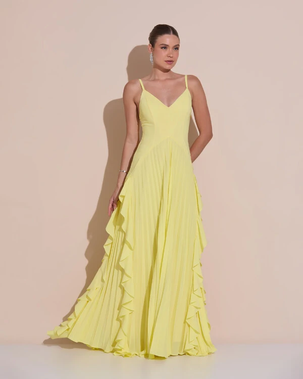 Vestido de Festa Longo Crepe Chiffon Alça Fina Saia Plissada com Babado Cascata Amarelo Manteiga