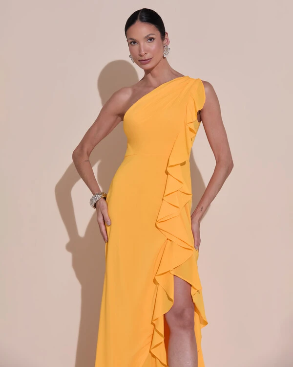 Vestido de Festa Midi Um Ombro Só Crepe Chiffon Babados Cascata Fenda Laranja Manga New