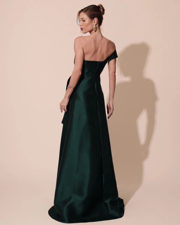 Vestido de Festa Longo Zibeline um Ombro Só Mullet Verde Escuro