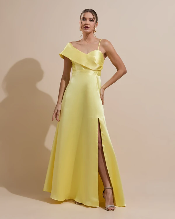 Vestido de Festa longo Faixa Ombro e Fenda Zibeline Amarelo Manteiga
