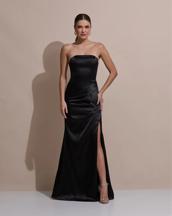 Vestido De Festa Longo Tomara Que Caia Drapeado Cetim Alfaiataria Trançado Costas Preto