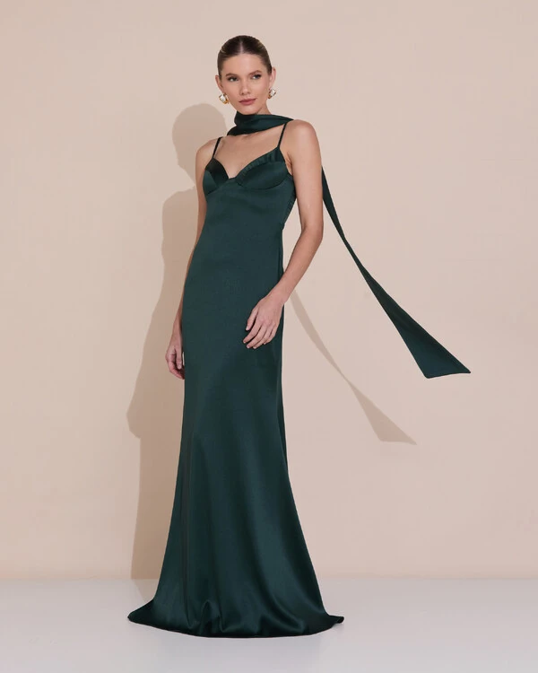 Vestido de Festa Longo Decote Coração Cetim Alfaiataria Trançado Costas Lenço Verde Escuro