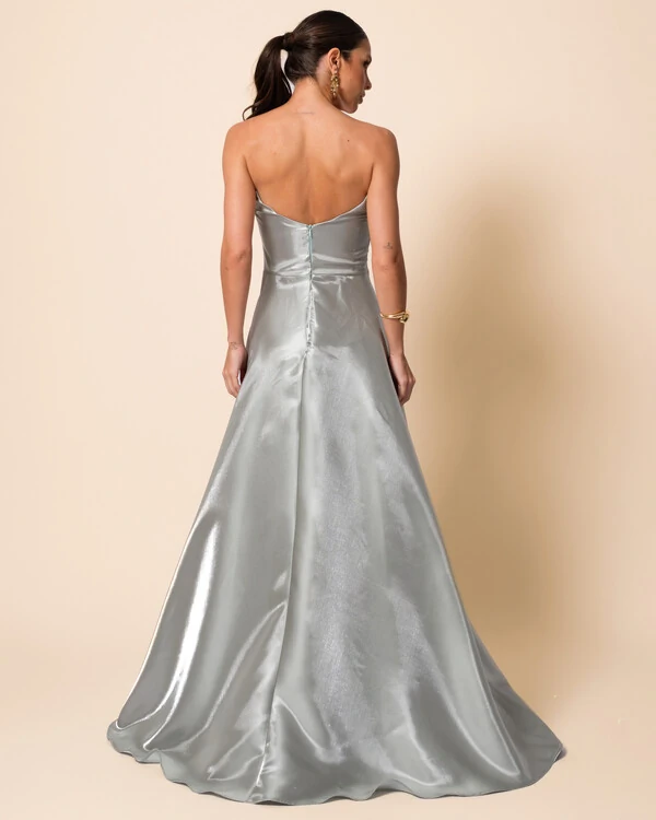 Vestido de Festa Longo Cetim Cristal Tomara que Caia Drapeado Verde Menta