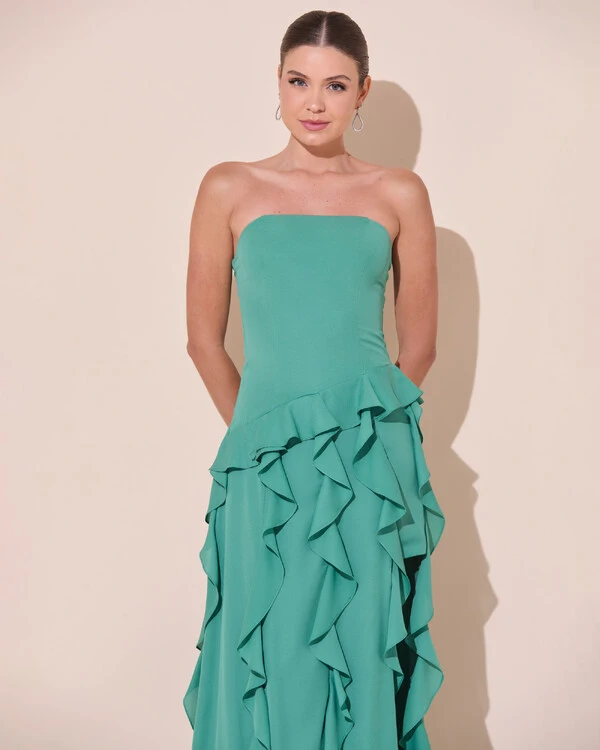Vestido de festa Longo Tomara que Caia Crepe Chiffon com Babados Cascata e Fenda Verde Matcha Escuro