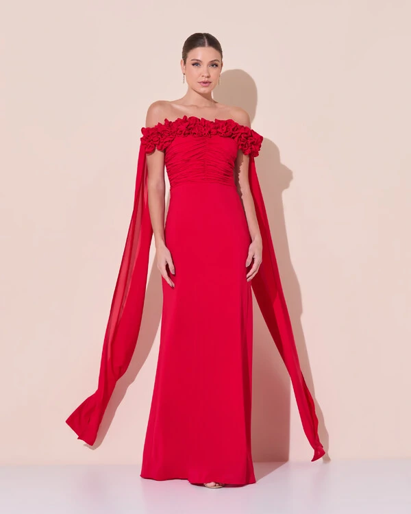 Vestido de Festa Longo Ombro a Ombro Plissado Crepe Chiffon Capa Flor 3D Vermelho