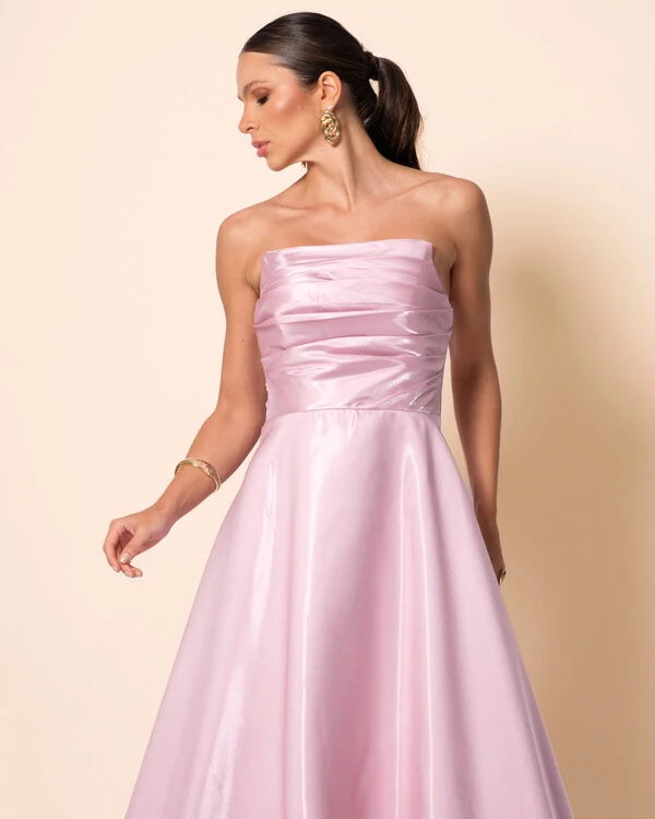 Vestido de Festa Longo Cetim Cristal Tomara que Caia Drapeado Rosa