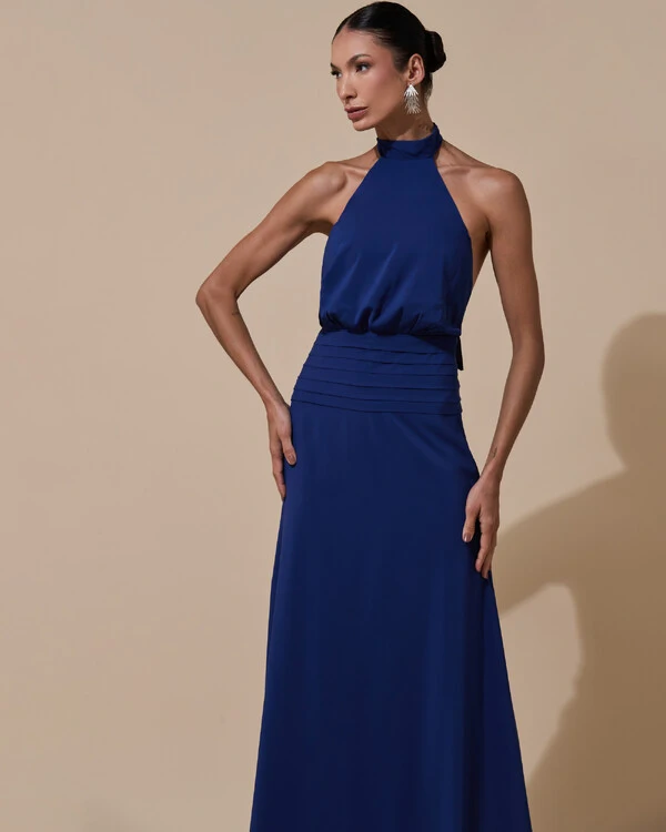 Vestido de Festa Longo Frente Única Busto Blousê Crepe Chiffon Drapeado Azul Marinho