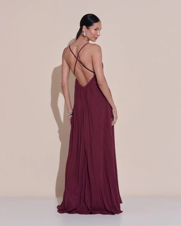 Vestido de Festa Longo Plissado Crepe Chiffon Decote V Alças Finas Marsala