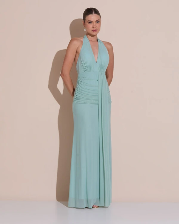 Vestido de Festa Longo Frente Única Decote V Tule Drapeado Faixa Verde Menta