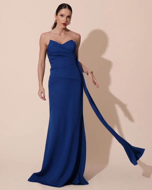 Vestido de Festa Longo Alfaiataria Tomara que Caia Drapeado Faixa Azul Royal