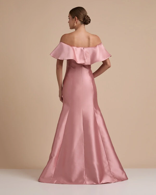 Vestido de Festa Longo Zibeline Ombro a Ombro com Babado Rose