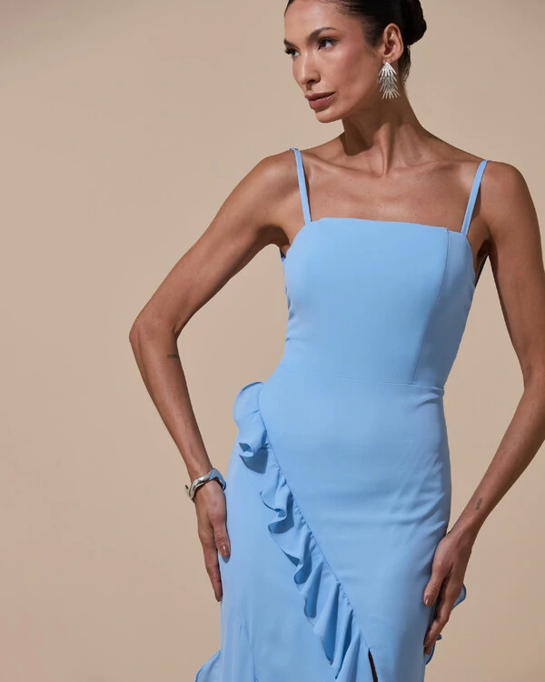 Vestido de Festa Longo Alças Finas Crepe Chiffon Babado Cascata Fenda Costas V Azul Serenity