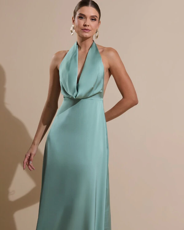 Vestido de Festa Longo Frente Única Degagê Cetim Fluido Verde Menta