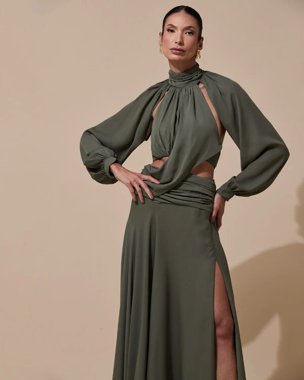 Vestido de Festa Longo Gola Alta Crepe Chiffon Recortes Drapeado Manga Longa Fenda Verde Oliva