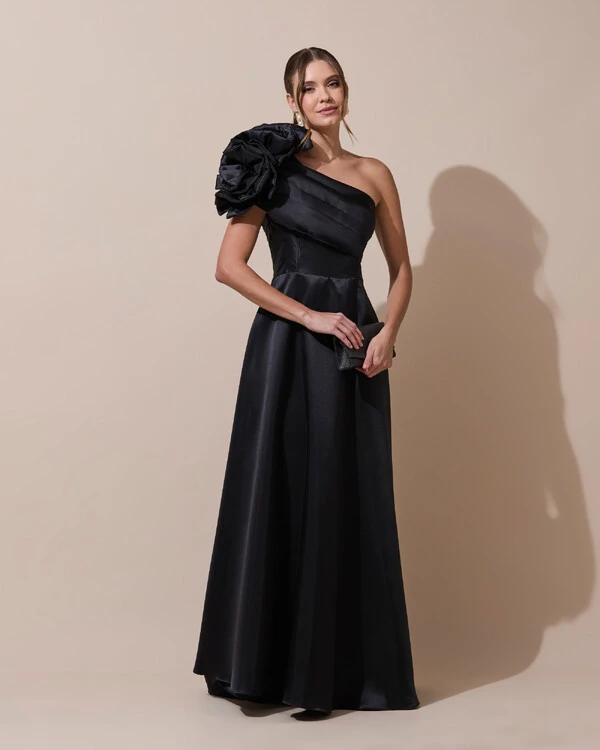 Vestido de Festa Longo Zibeline um Ombro Só Flor Drapeado Preto
