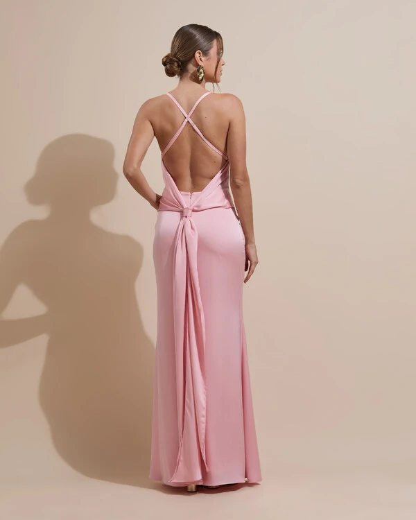 Vestido de Festa Longo Costas Abertas Laço Cetim Decote V Rose Gold