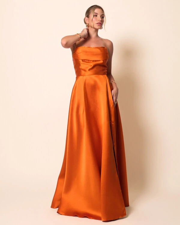 Vestido de Festa Longo Tomara que Caia Trançado Costa em Zibeline Terracota