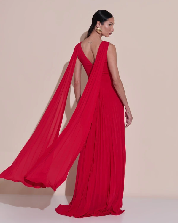 Vestido de Festa Longo Crepe Chiffon Plissado com Lenço nas Alças Vermelho