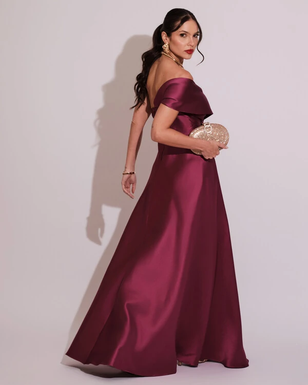 Vestido de Festa longo Faixa Ombro e Fenda Zibeline Fúcsia