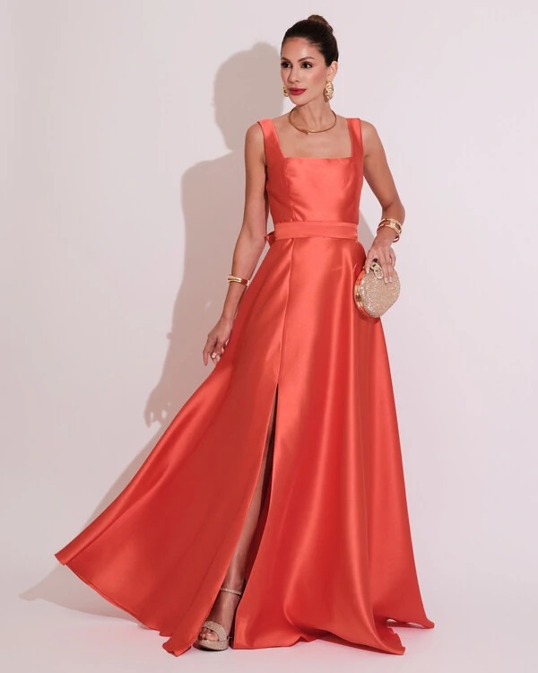 Vestido de Festa Longo Zibeline com Fenda e Faixa Laranja