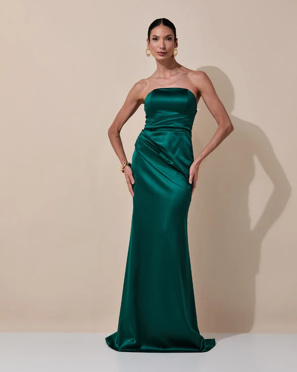 Vestido de Festa Longo Tomara que Caia Cetim Alfaiataria Drapeado Lenço Verde Escuro