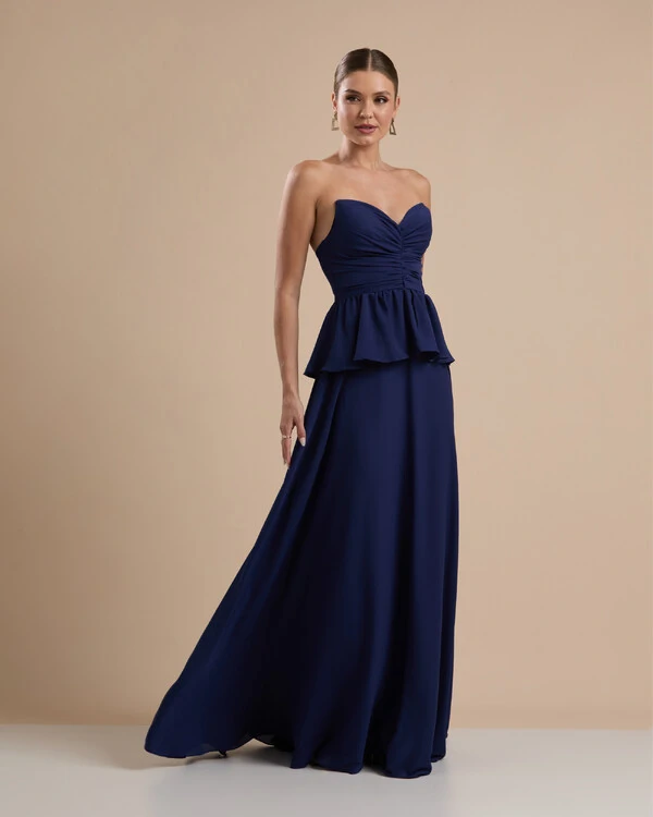 Vestido de Festa Longo Crepe Chiffon Tomara que Caia Peplum Drapeado Azul Marinho