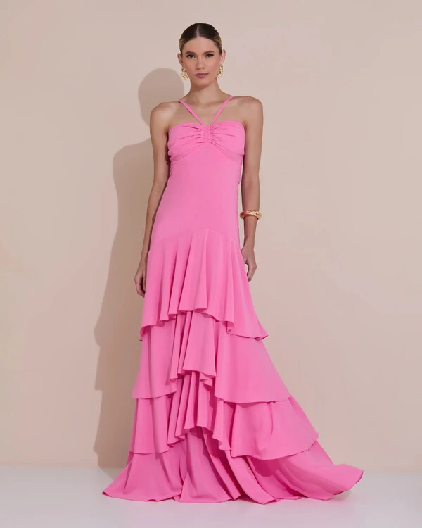 Vestido Longo Crepe com Babado em Camadas Rosa