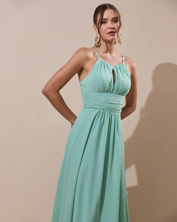 Vestido de Festa Longo Crepe Chiffon Drapeado com Alças e Saia Fluida Verde Menta