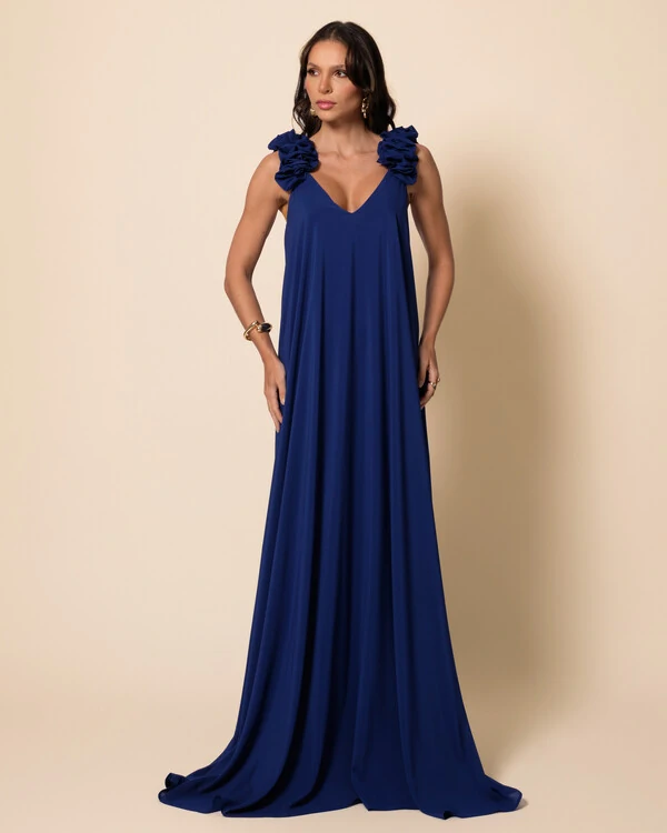 Vestido de Festa Longo Crepe Chiffon Fluido Decote em V Flores Azul Marinho