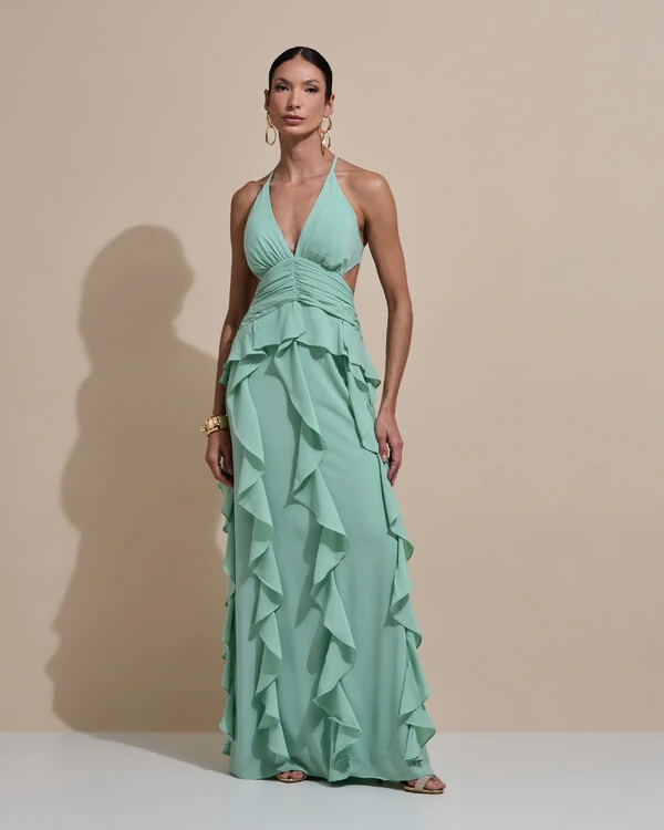 Vestido de Festa Longo Decote V Recortes Drapeado Crepe Chiffon Babados Cascata Verde Menta