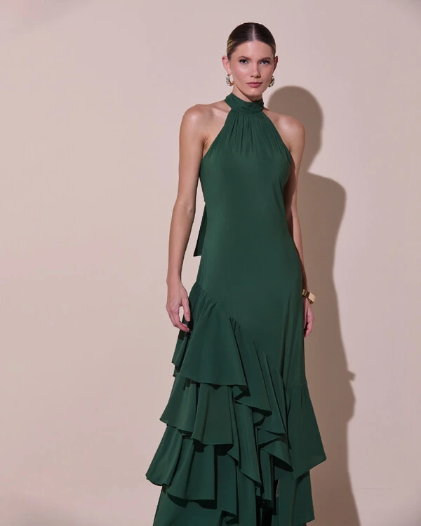Vestido de Festa Longo Chiffon Crepe Gola Alta Babados Verde Escuro New