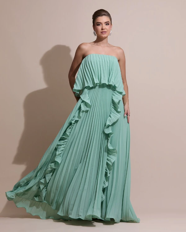 Vestido de Festa Longo Crepe Chiffon Tomara que Caia Plissado com Babado Cascata Verde Menta