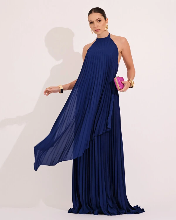 Vestidos de Festa Longo Chiffon Fluido Frente Única Plissado Duplo Azul Marinho