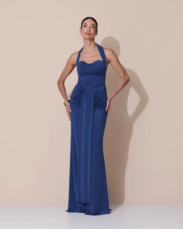 Vestido de Festa Longo Decote Coração Malha Jersey Drapeado Costas Trançada Azul Marinho