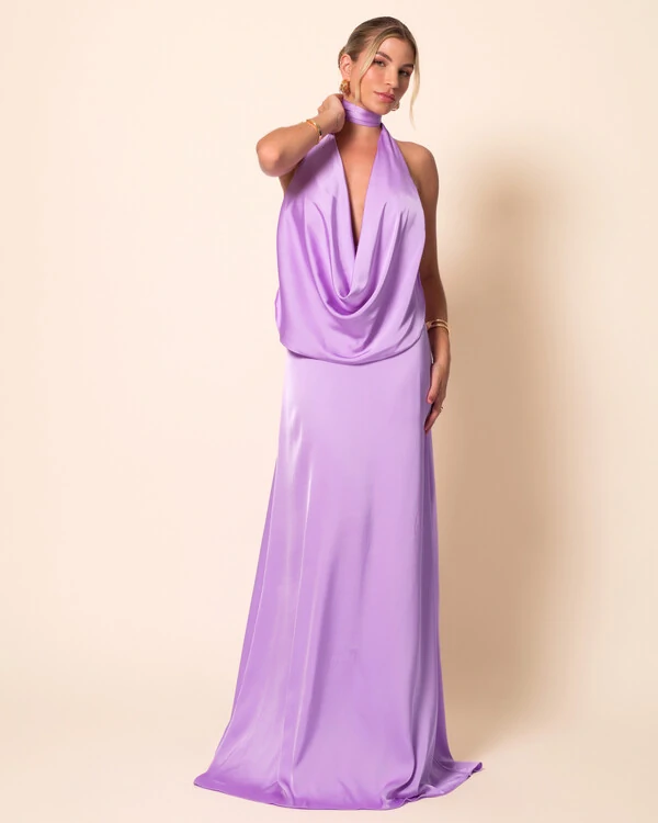 Vestido de Festa Longo Cetim Fluido Frente Única Degagê Mil Formas Lilás