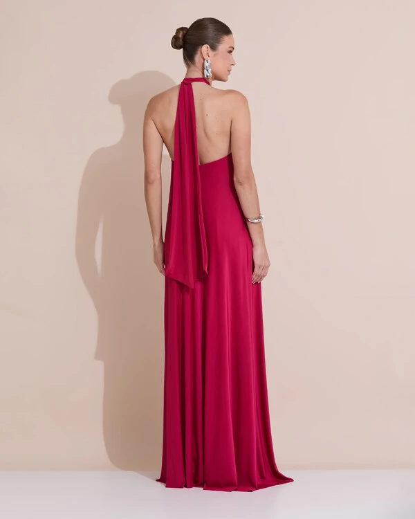 Vestido Longo com Amarração em Malha Cereja