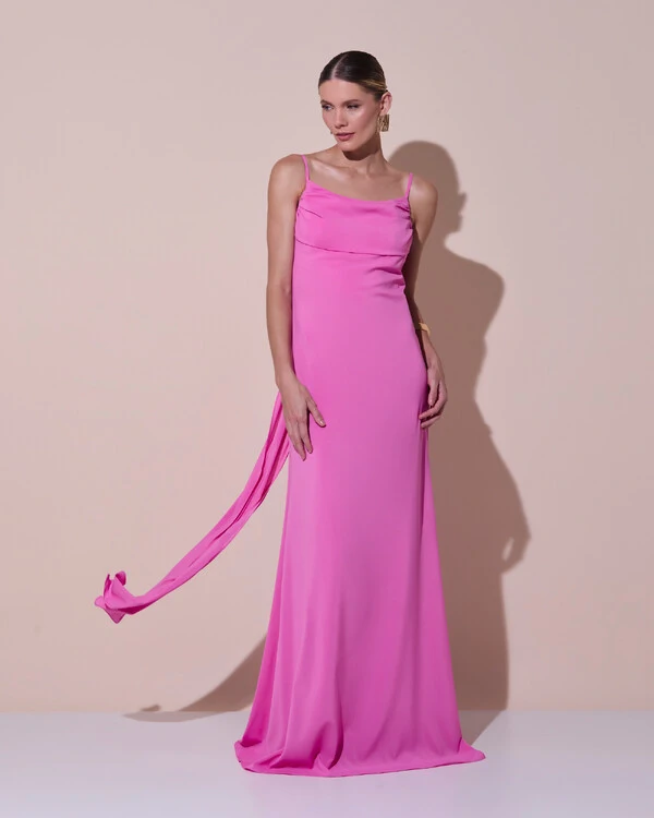 Vestido de Festa Longo Crepe Chiffon Costas Lenço Cauda Rosa New