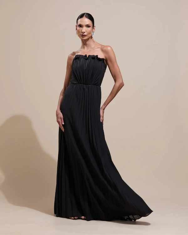 Vestido de Festa Longo Tomara que Caia Plissado Detalhe Preto