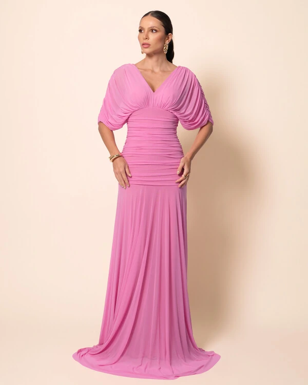 Vestido de Festa Longo Tule Manga Curta Drapeado Rosa