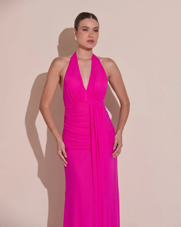 Vestido de Festa Longo Frente Única Decote V Tule Drapeado Faixa Pink New