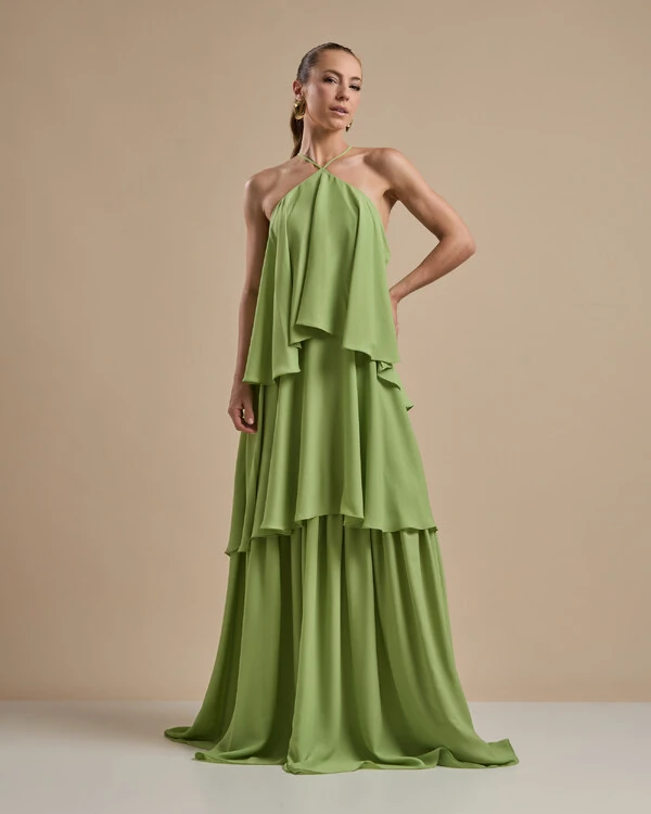 Vestido Longo Babado em Camadas Verde Garden