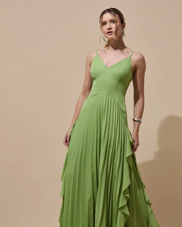 Vestido de Festa Longo Crepe Chiffon Alça Fina Saia Plissada com Babado Cascata Verde Garden