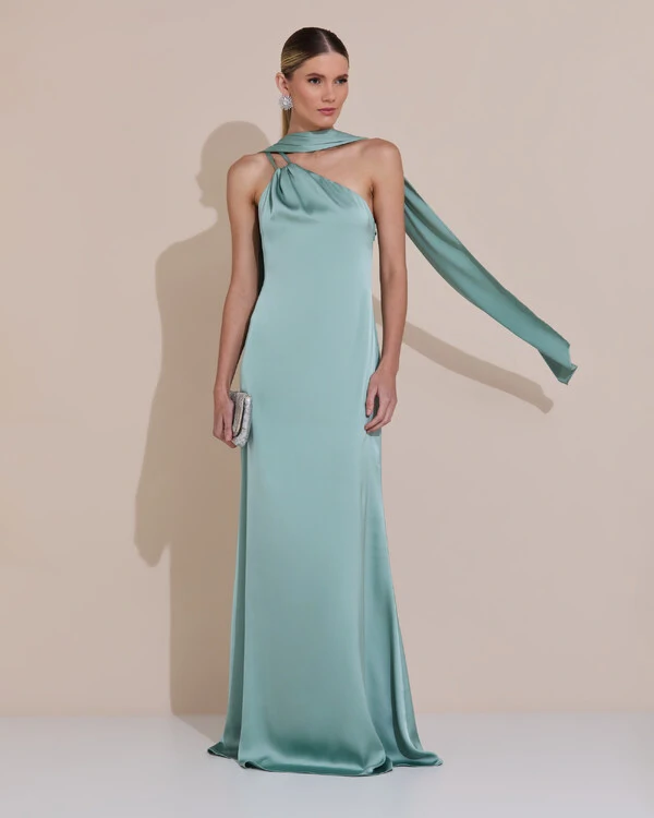 Vestido de Festa Longo em Cetim Fluido um Ombro Só com Lenço Verde Menta