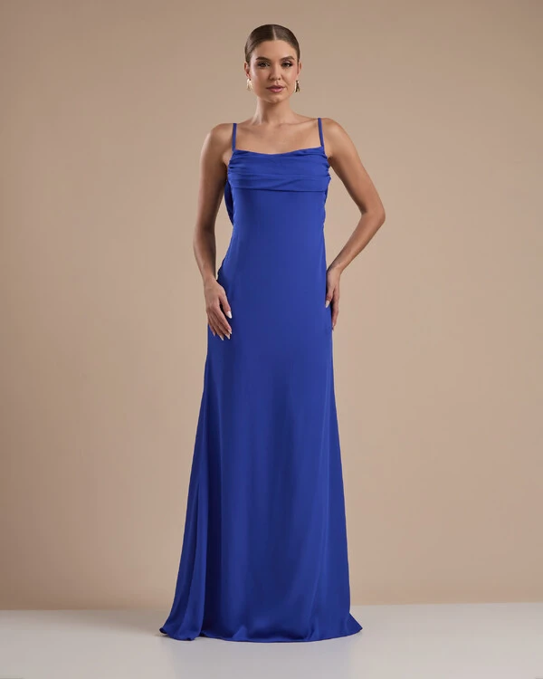 Vestido de Festa Longo Crepe Chiffon Costas Lenço Cauda Azul Royal