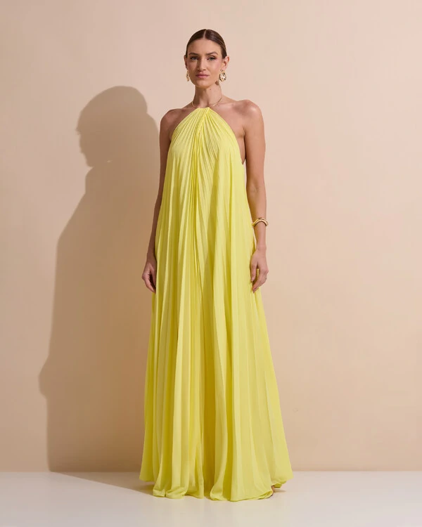 Vestido de Festa Longo Frente Única Plissado Crepe Chiffon Argola Amarelo manteiga
