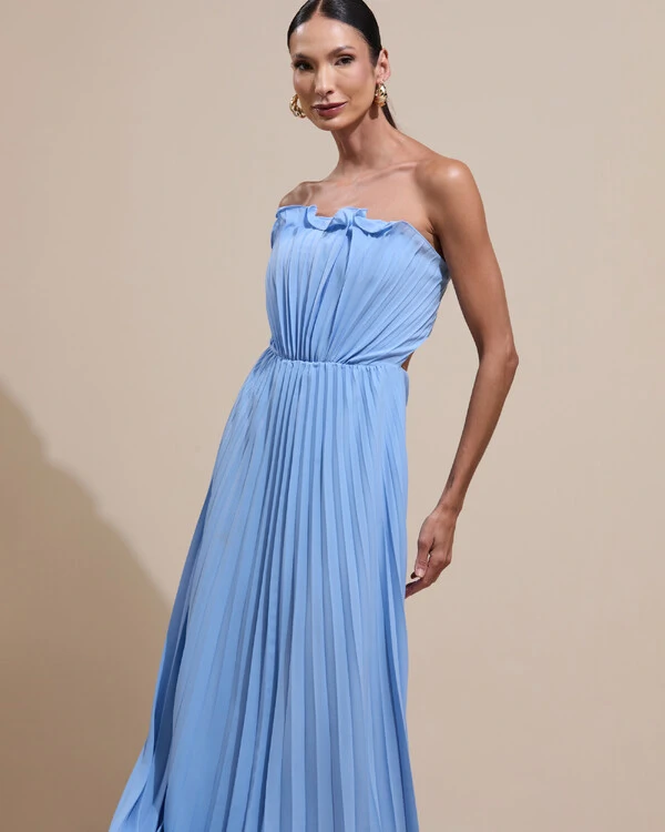 Vestido de Festa Longo Tomara que Caia Plissado Detalhe Serenity