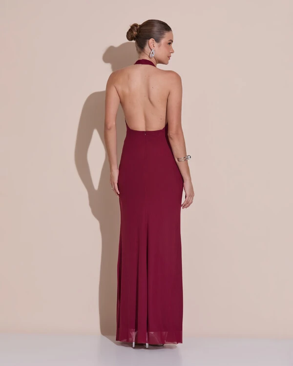 Vestido de Festa Longo Frente Única Decote V Tule Drapeado Faixa Marsala