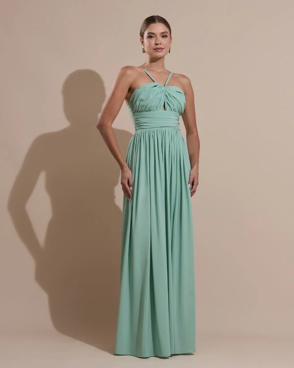 Vestido de Festa Longo Crepe Chiffon Drapeado com Alças Finas Verde Menta